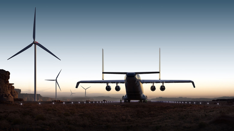 Concept render of the rear of a WindRunner on a runway at sunset