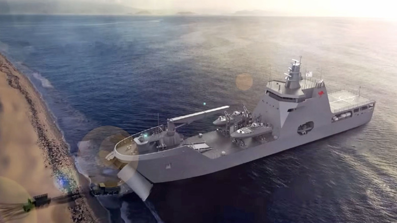 Overhead rendering of new U.S. Navy landing ship launching vehicles