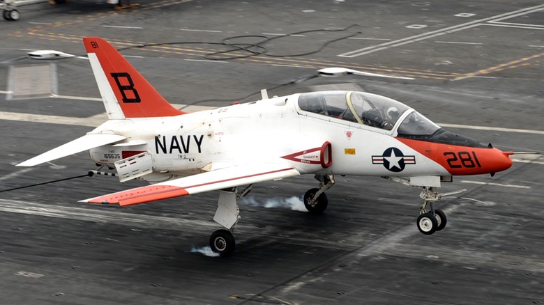 A T-45C Goshawk making an arrested landing on the USS Dwight D. Eisenhower