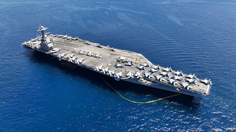 The USS Gerald R. Ford in open ocean.