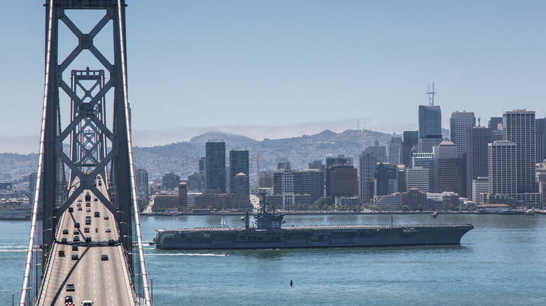 USS Nimitz sailing in San Francisco Bay.