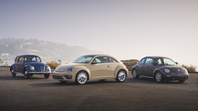 Three generations of Volkswagen Beetle parked together.