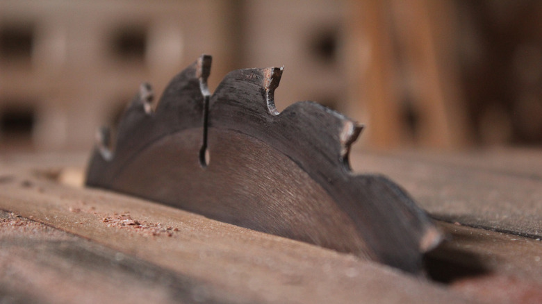 Close-up of an old circular saw blade with signs of wear
