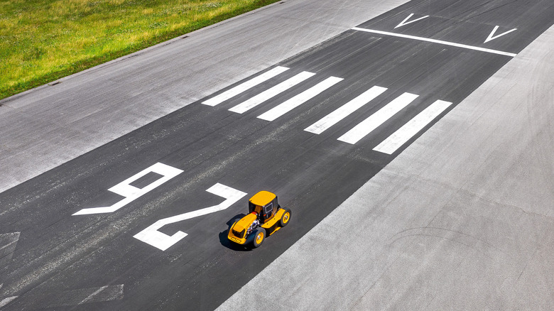 Drone shot of the JCB Fastrac Two tractor on a runway