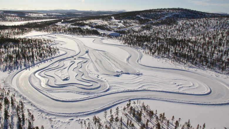 Aerial shot of Nokian "white hell" test track in Ivalo, Finland