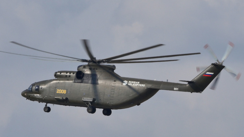 Mil Mi-26 flying with grey sky background