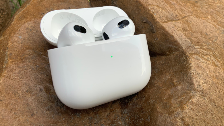 Apple AirPods 3 in the charging case on a rock