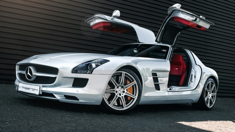 Silver Mercedes-Benz SLS McLaren gullwing doors