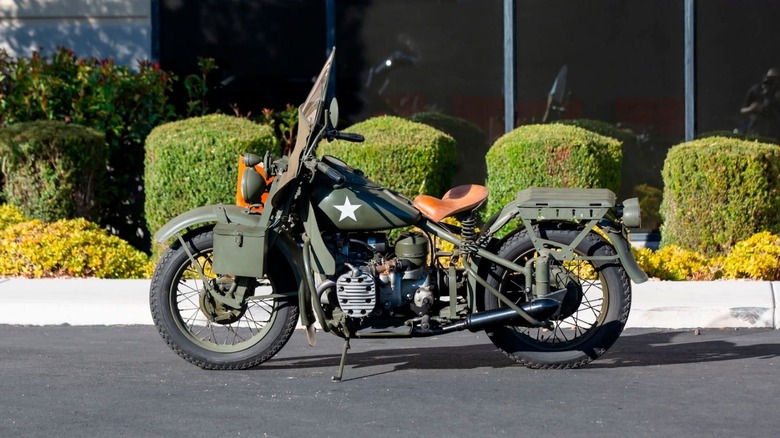 Side view of olive green 1942 Harley Davidson Experimental Army (XA) bike 