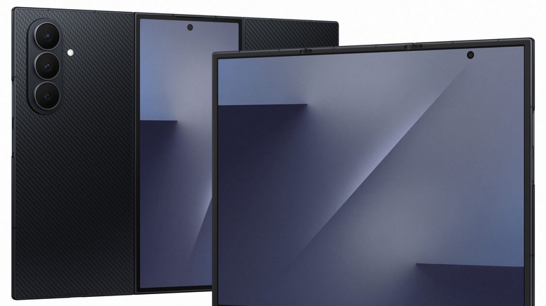 Back and front view of Samsung Galaxy Trifold on white background