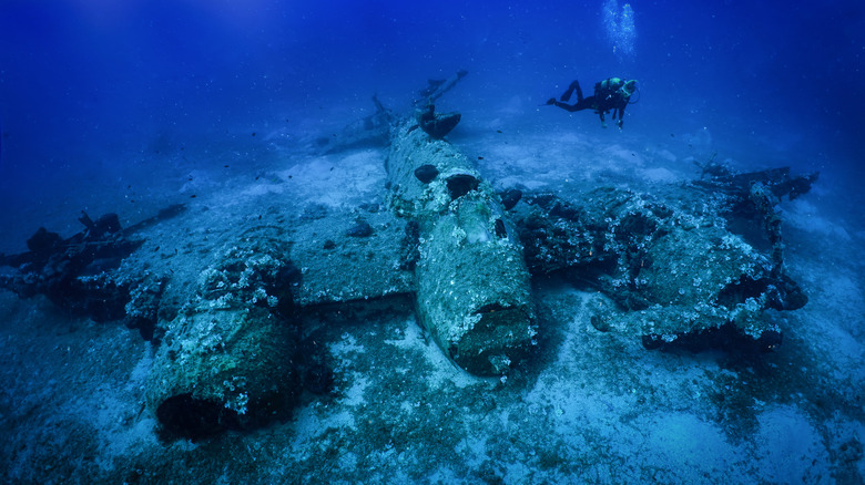 A scuba diver exploring a world war 2 warplane sunken at the bottom of the sea