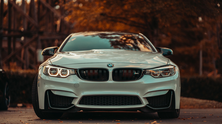 2020 BMW M4 parked in front of woods with red leaves, front-view at low angle