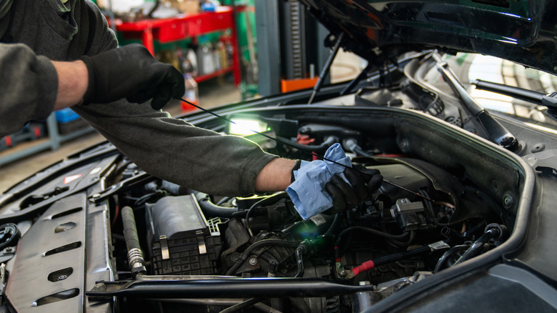 A mechanic checking engine oil levels on a dipstick.