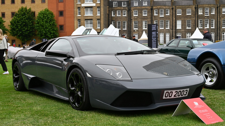 A side on shot of a gray Lamborghini Murcielago LP640