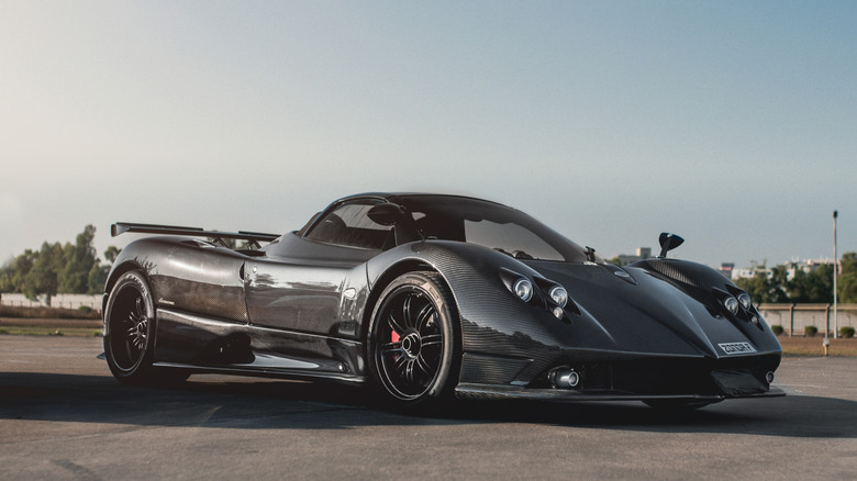 A black Pagani Zonda Roadster F parked