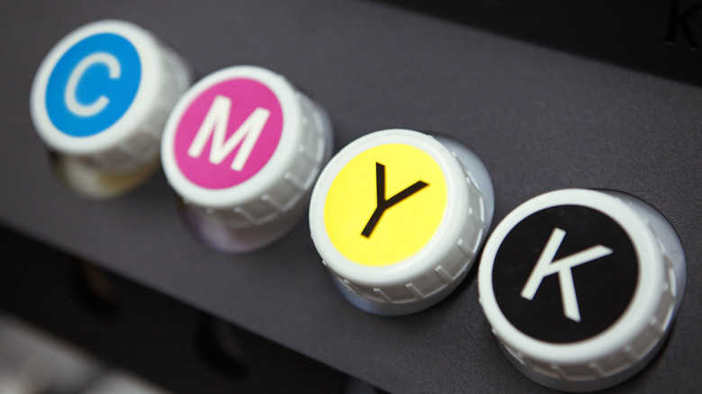 Top of printer ink reservoirs with CMYK labels