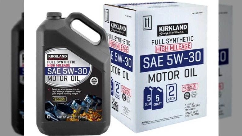 Kirkland 5W-30 High-Mileage Full Synthetic Motor Oil and packaging