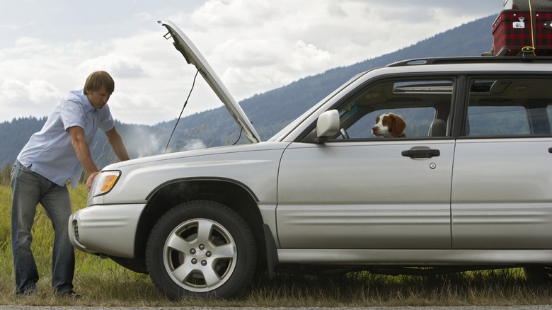 A man by the side of the road with his car steaming