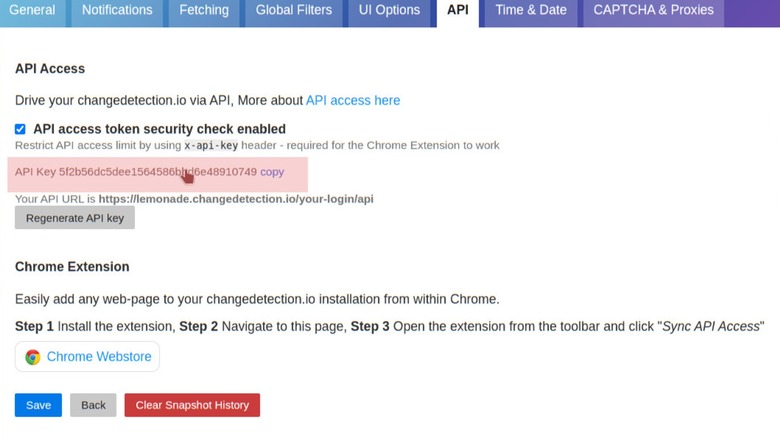 a screenshot of the changedetection.io API settings page