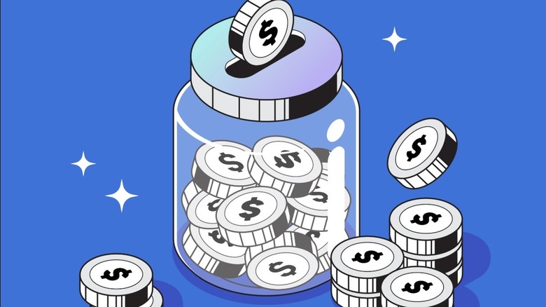 A illustration of a glass jar being used as a piggy bank, with dollar coins inside it and stacked nearby