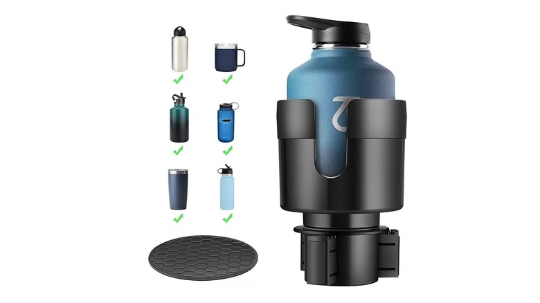 Car cup holder extender with container options and features on white background