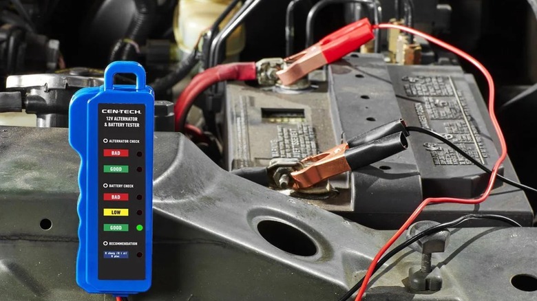 Cen-Tech 12V Alternator/Battery Checker attached to car battery