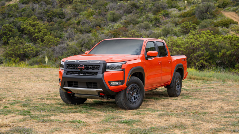 A front end/side on shot of a 2026 Nissan Frontier