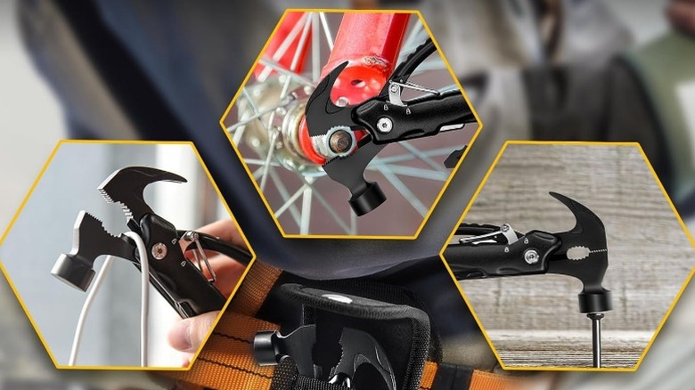 Hinshark 12-in-1 Hammer Multitool being used in multiple ways