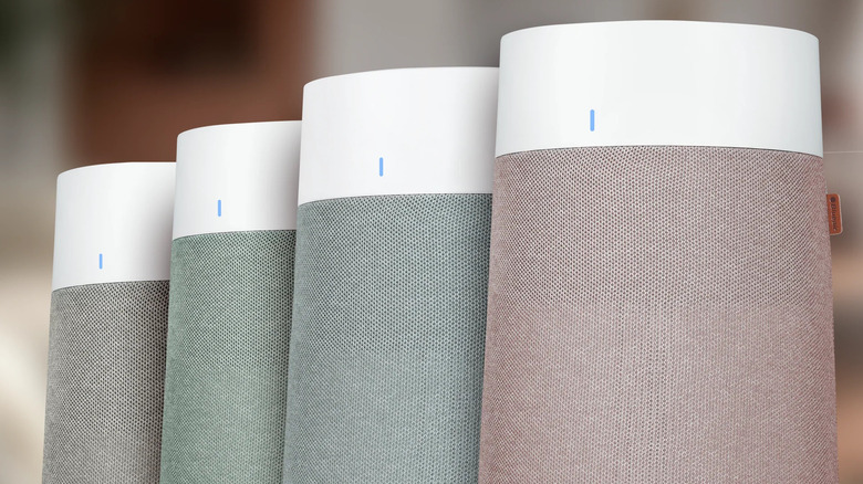 Four Blueair Blue Pure 311i+ Max air purifiers with different air filter colors