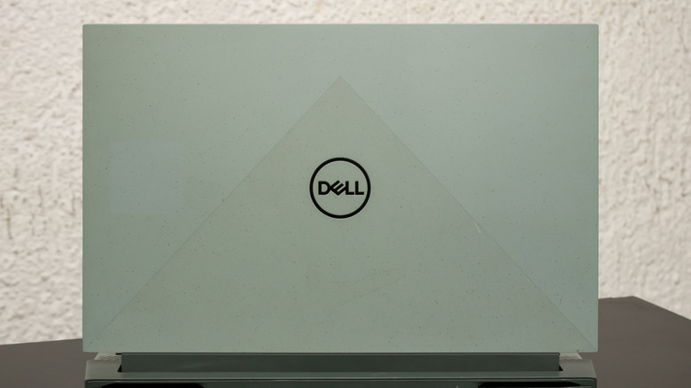 An open Dell laptop, shown from behind.