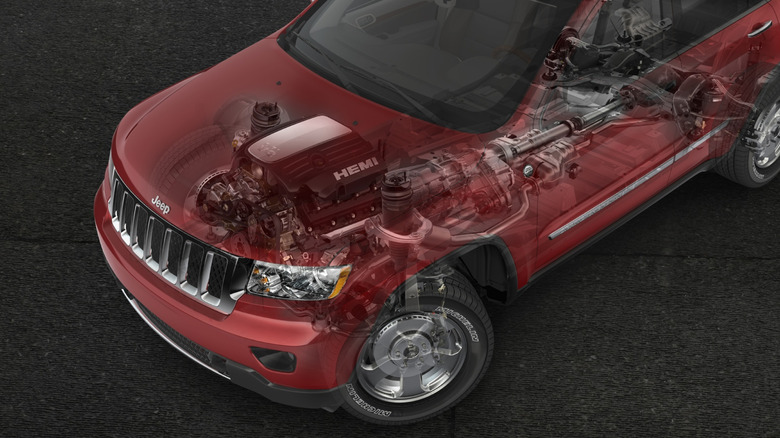 A 2011 Jeep Grand Cherokee with transparent frame showing inner mechanics