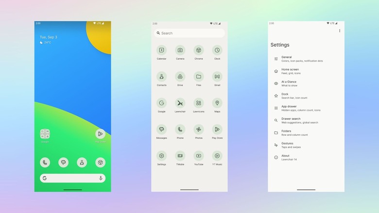 Home screen setup and settings page for the Lawnchair launcher app