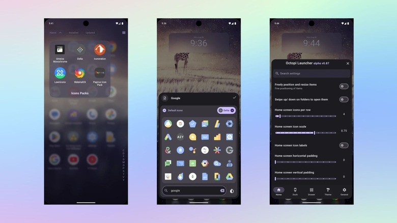 Different home screen menus for the Octopi Launcher app