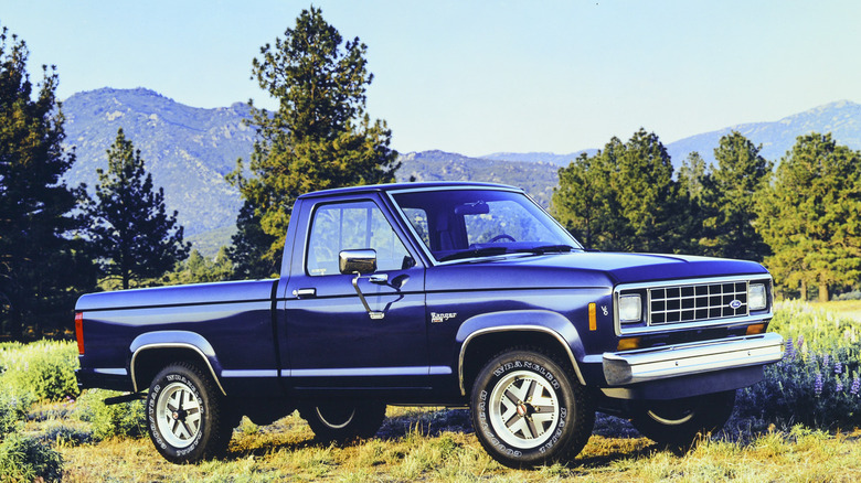 Front quarter shot of a blue Ford Ranger from 1985
