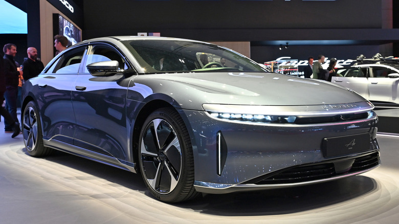A gray Lucid Air on display