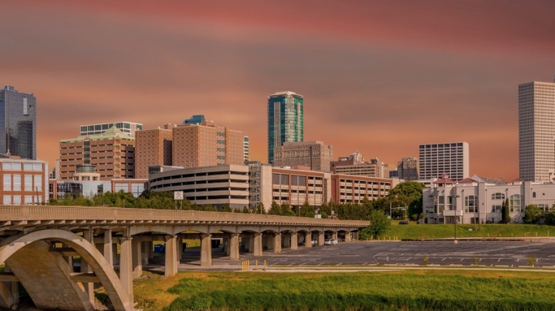 Downtown Fort Worth at sunset with Paddock Viaduct in foreground