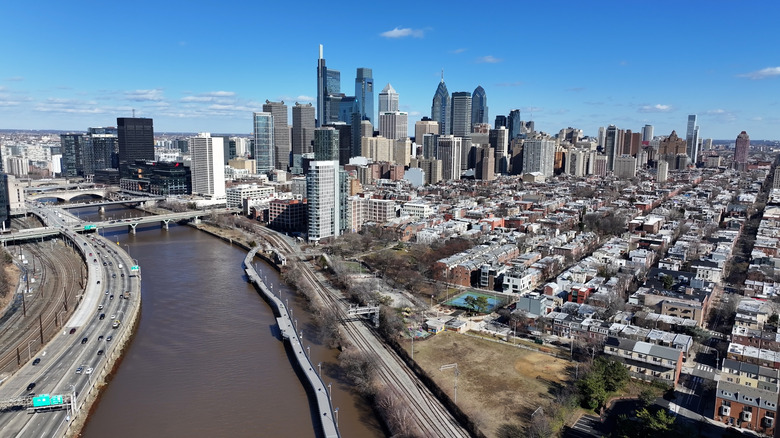 Philadelphia skyline near river