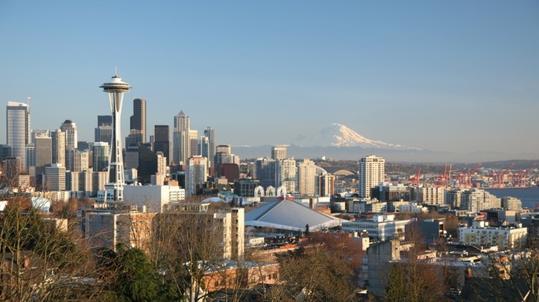 Seattle cityscape with the Space Needle and Mount Rainier visible in the distance