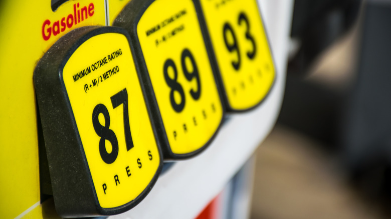 Close up of gasoline grade buttons at a gas pump.