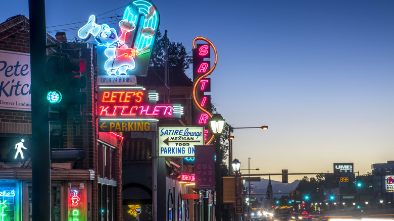 Denver street lit up during sunset