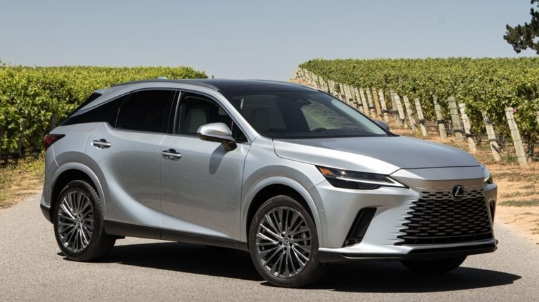 Front 3/4 view of Lexus RX Hybrid in vineyard setting