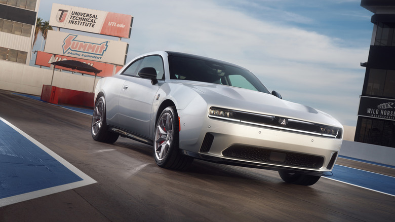 A front end shot of a Dodge Charger Daytona on a racetrack