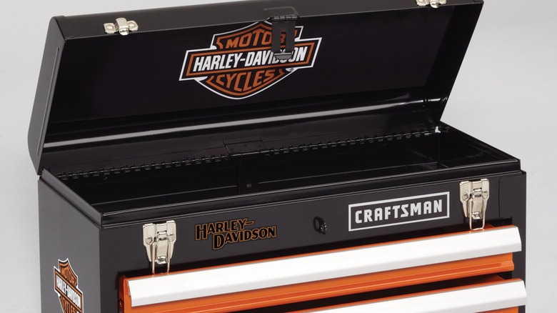 A close-up of a Harley-themed Craftsman toolbox, its top lid open, against a white background