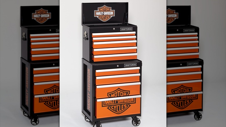 A nine-drawer Harley-themed Craftsman toolbox against a white background