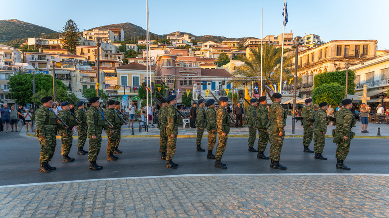 Greek soldiers on parade in town square