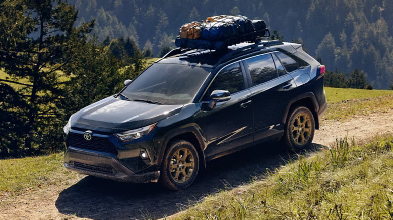 A fully-loaded Toyota RAV4 making its way down a mountain path, with a forested hilly background