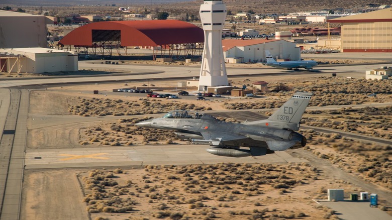 Fighter jet flying over Edwards Air Force Base