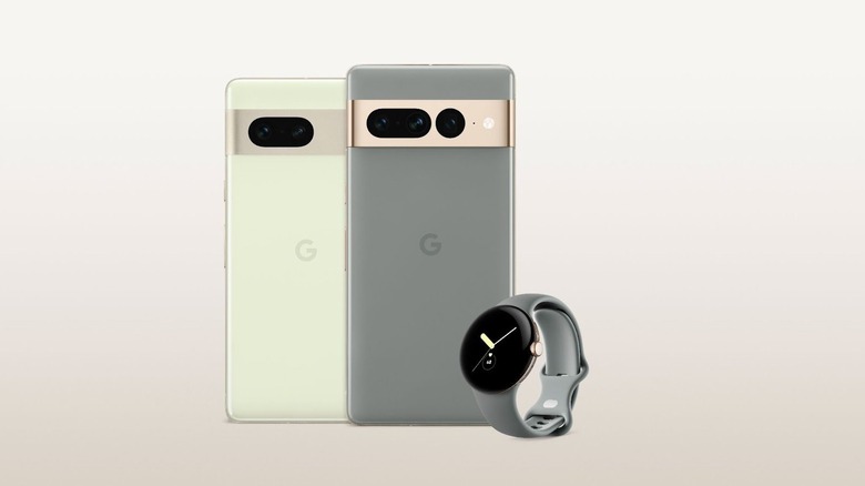 A Pixel 7 and Pixel 7 Pro in green and grey, alongside a Pixel smartwatch.