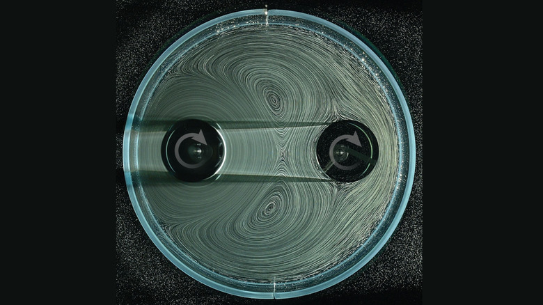 A couple of cylindrical gears spin in a liquid