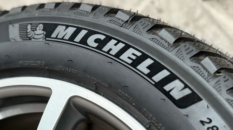 close-up on Michelin logo on tire